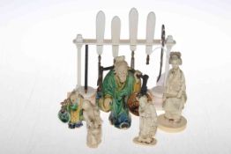 Three small Japanese ivory Okimonos, two small Chinese figures, and manicure set.
