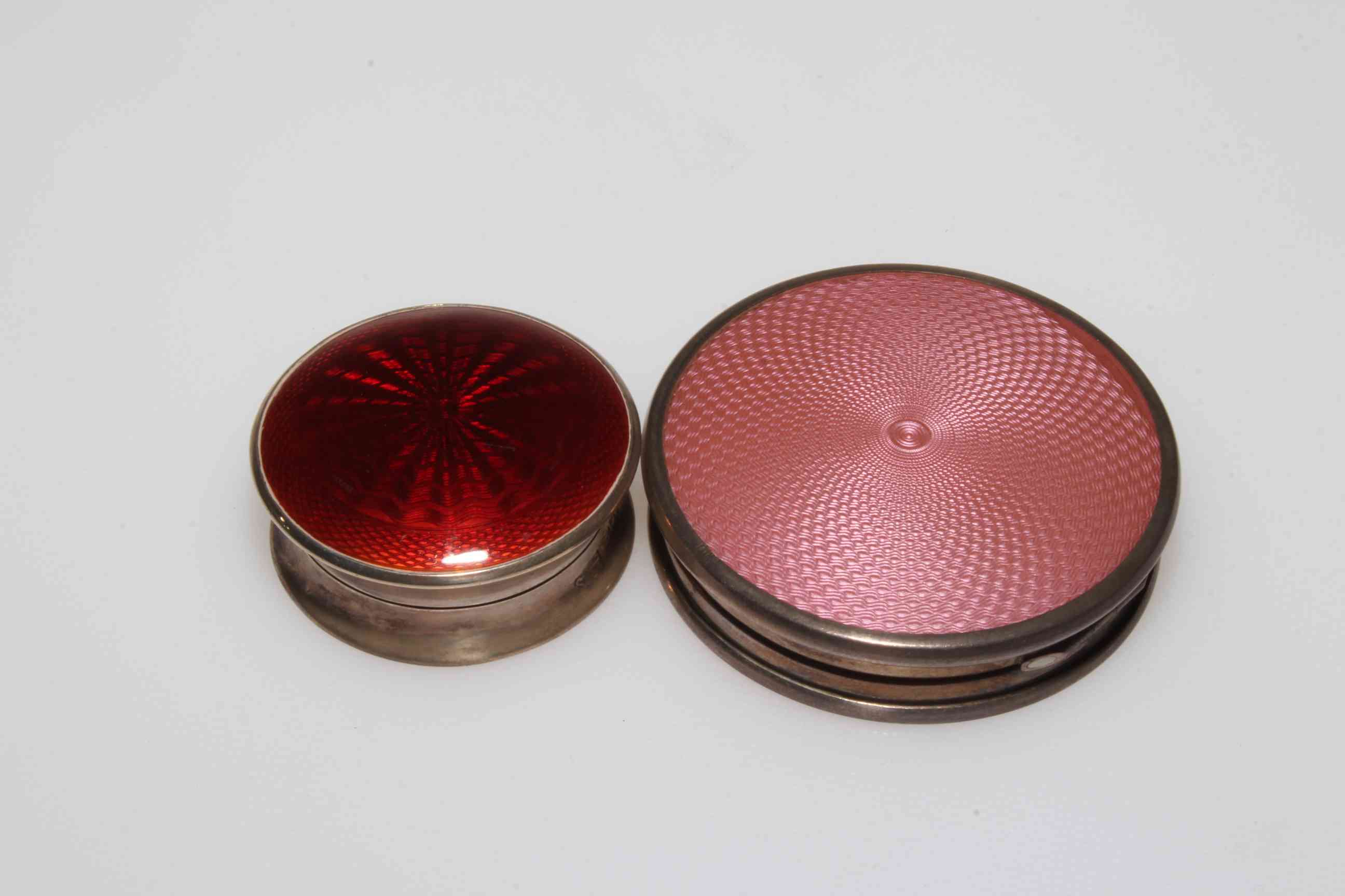 Silver and red enamel circular box 4cm diameter Birmingham 1926 and silver box Birmingham 1927 (2).