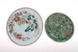 Chinese shallow dish with dragons on green ground, 19cm diameter, and polychrome plate (2).