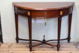 Inlaid demi-lune hall table with frieze drawer, 77cm by 108cm by 45cm.