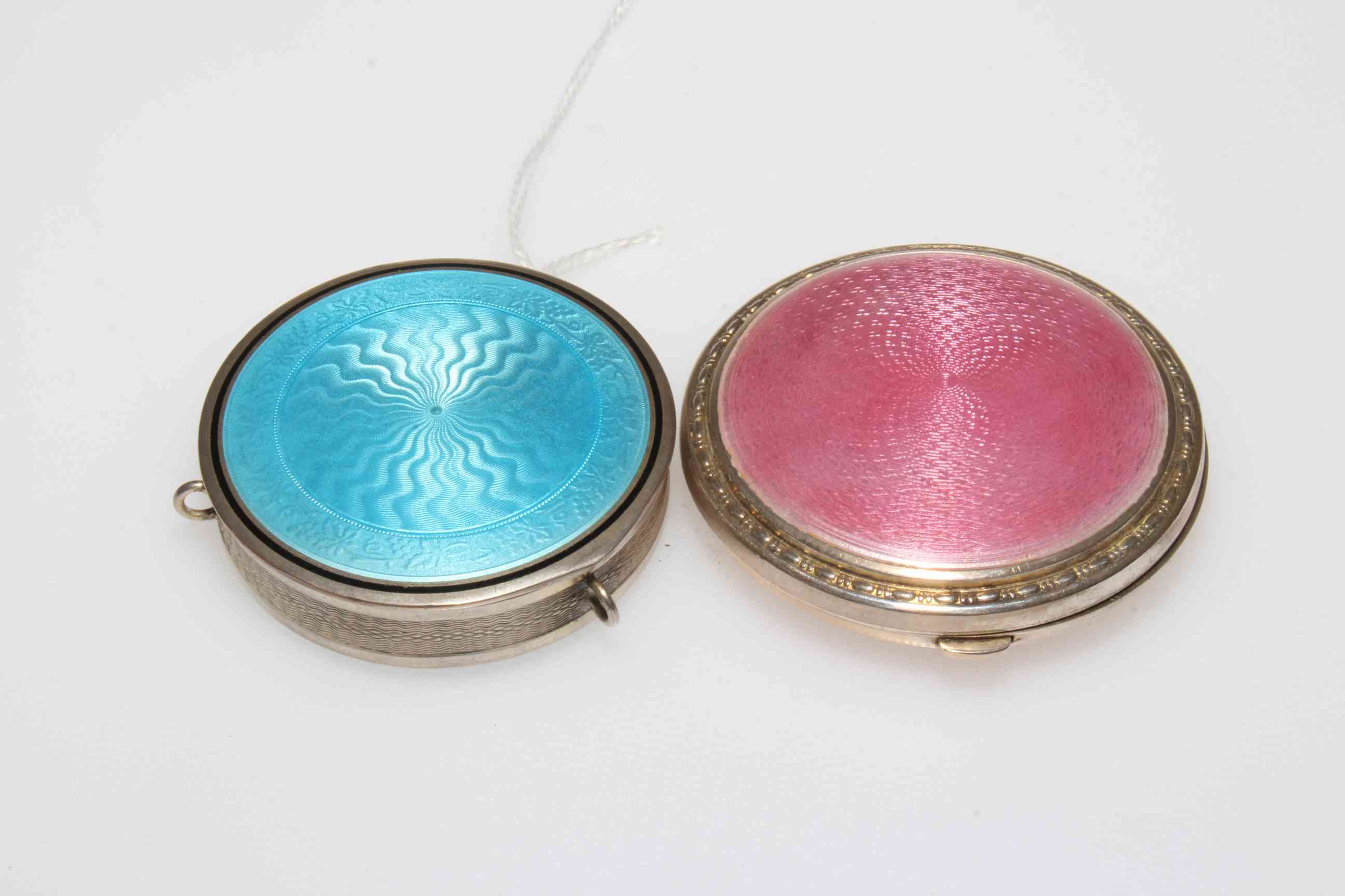 Silver and pink enamel compact with ornate border, Birmingham 1929, 5.
