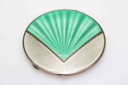 Art Deco silver and enamel compact, with green fan shape design and white reserve, Birmingham 1933,