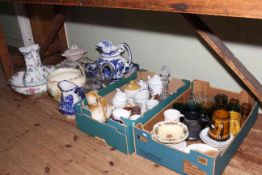 Two toilet jugs and basins, part dinner ware, jardiniere, large glass jug, china and glass.