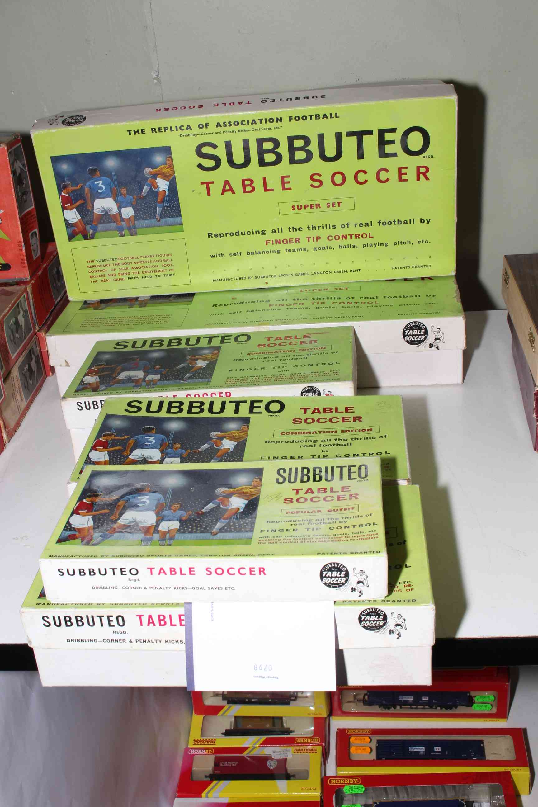 Two Subbuteo table soccer super sets, three combination editions and popular outfit edition.