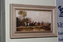 Rudolph Stone, Hunting Party, oil on panel, 14cm by 28cm, framed.