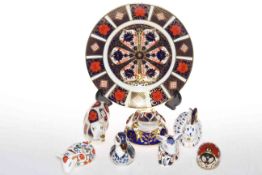 Collection of seven Royal Crown Derby paperweights, and Old Imari 8.5in plate.