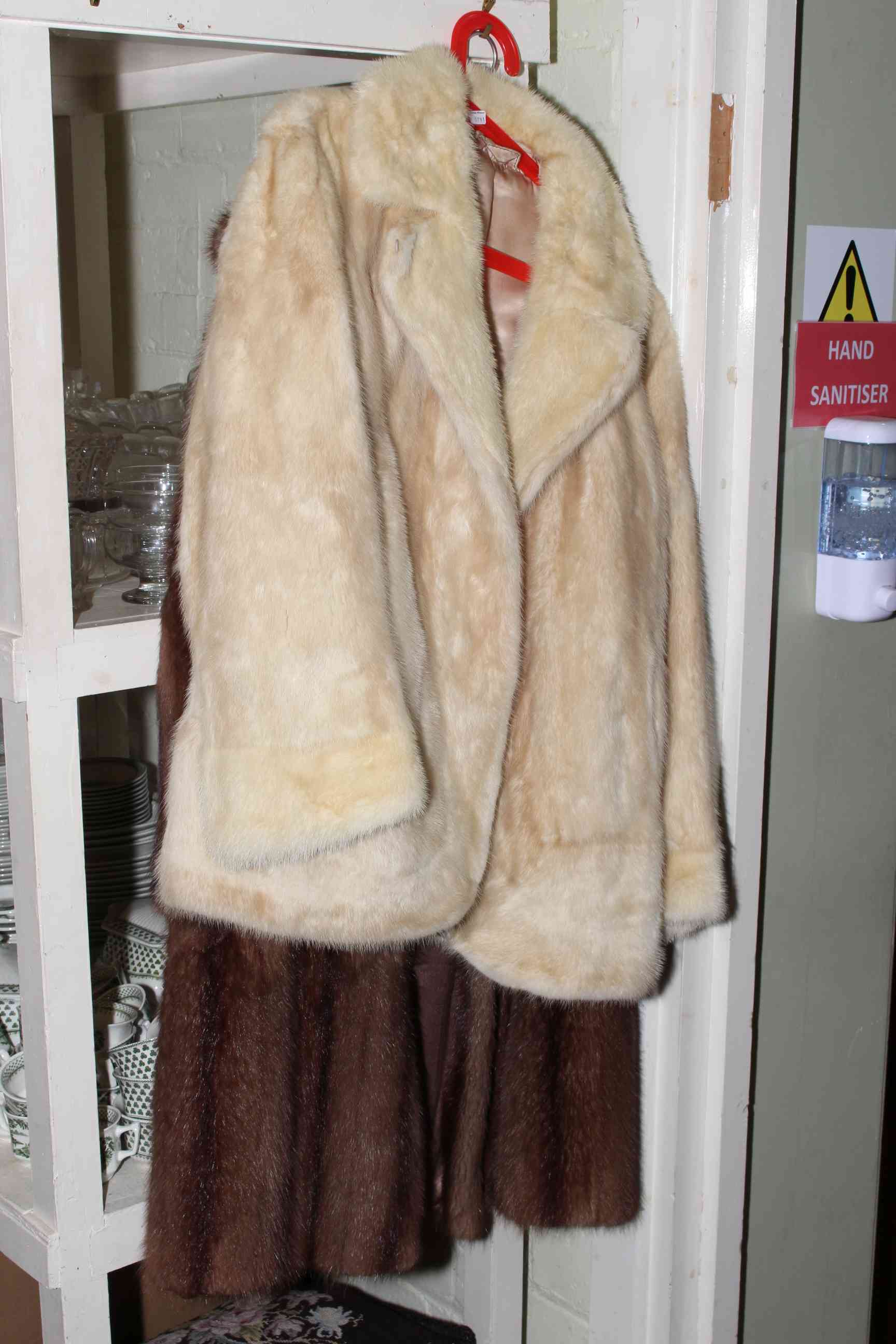 Scales with weights, linens, punch books on book shelf stand and two fur coats. - Image 2 of 2