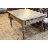 Victorian pitch pine two drawer scullery table on turned legs, 75cm by 101cm by 137cm.