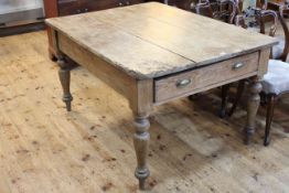 Victorian pitch pine two drawer scullery table on turned legs, 75cm by 101cm by 137cm.