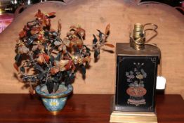 Oriental square based table lamp with floral design and cloisonne planter with hardstone flower.