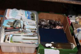 Box full of worldwide and subject postcards, together with a Wade pig, commonwealth stamps, camera,