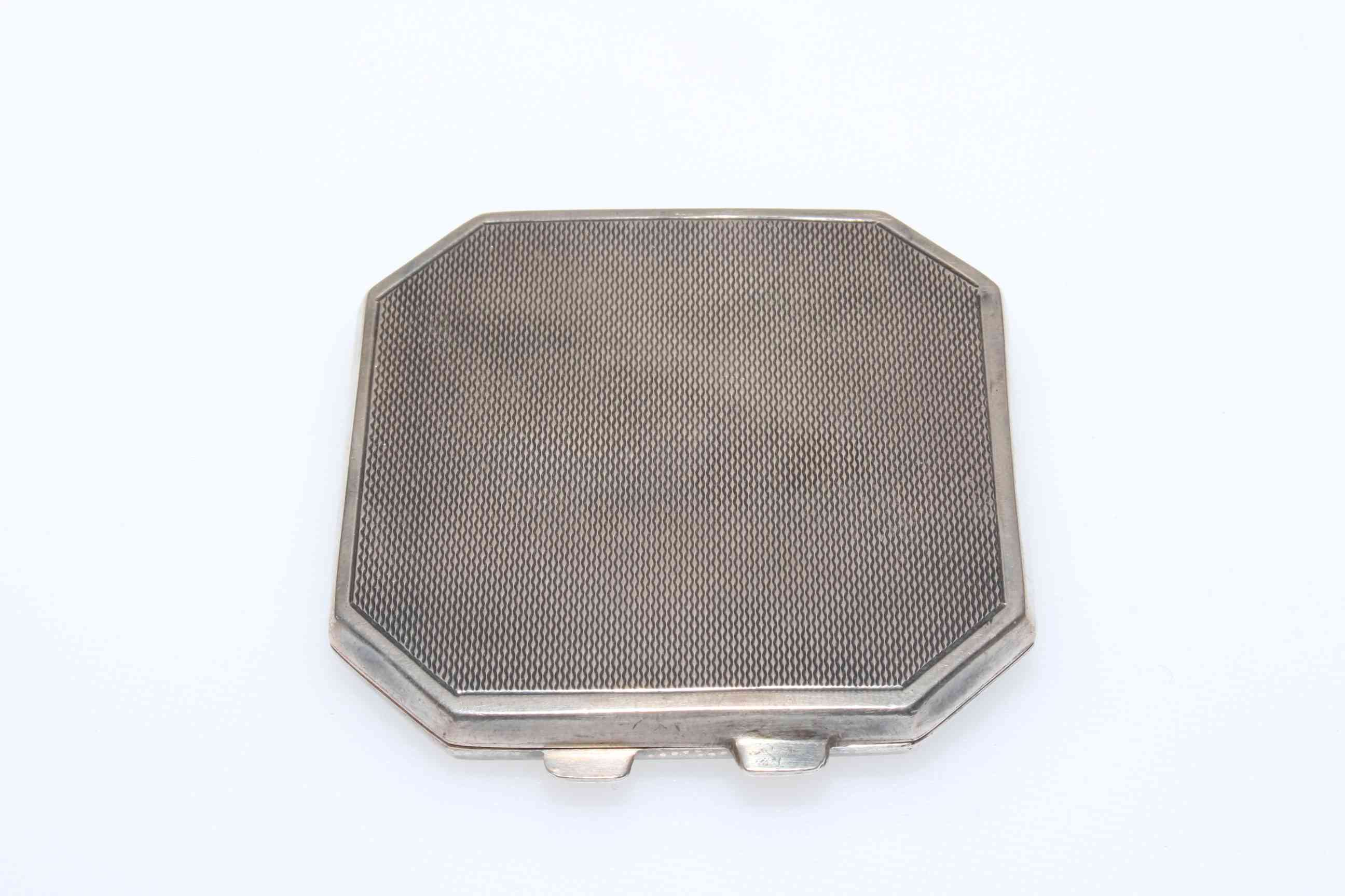 Silver and enamel compact with centre panel of shaded blue flanked by blue sides, Birmingham 1947, - Image 2 of 2