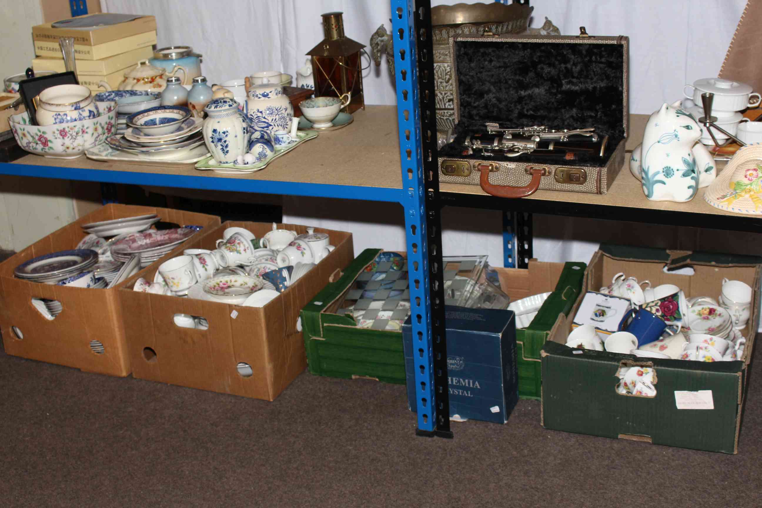 Four boxes of part dinner and teawares including Indian Tree, Old Willow, Royal Albert,