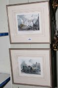 Pair hand coloured railway engravings in glazed frames, 40cm by 43cm including frames.