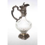 Ornate silver plate mounted crystal claret jug, 30cm high.
