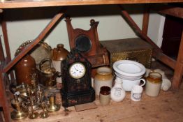 Stoneware bottles and jars, brass log box and brassware, Victorian mantel clock, etc.