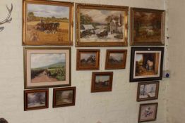 Collection of twelve framed paintings including Working Horses, Landscapes and Buildings.