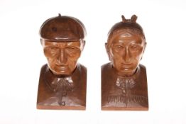 Pair carved wood male and female heads, 16cm.