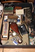 Tray box of collectables including spectacles, binoculars, compass, chess, trinket boxes,