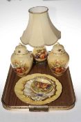 Aynsley Orchard Gold table lamp, pair of lidded vases, plate and three dishes.