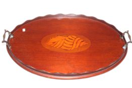 Edwardian oval inlaid mahogany two handled gallery tray.