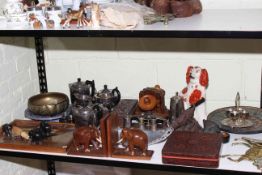 Collection of metal and wood wares including elephant bookends, teapots, dish, binoculars,