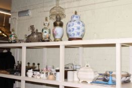 Collection including teawares, two handled tureen, copper and brass bound jar, candle holders,