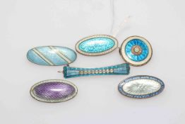 Collection of six silver and enamel brooches, largest 4cm across.