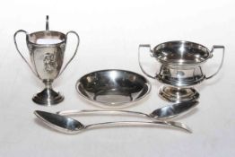 Two small silver trophy cups, small dish, and two Georgian dessert spoons (5).