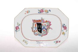 Chinese armorial dish of shaped rectangular form with flower border, 27cm wide.