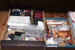 Two boxes of costume jewellery, coinage, etc.