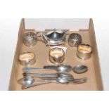 Collection of silver pieces comprising mustard pot, five napkin rings, six teaspoons,