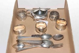 Collection of silver pieces comprising mustard pot, five napkin rings, six teaspoons,