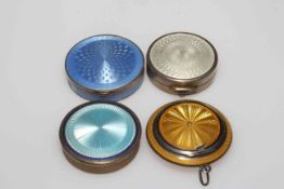 Small silver and blue enamel box, two other unmarked blue and gold enamel boxes and white box,
