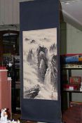 Chinese painted wall hanging depicting mountainous landscape, 157cm by 57cm.