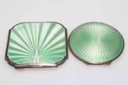 Two silver and pale green enamel compacts, of square form 8.