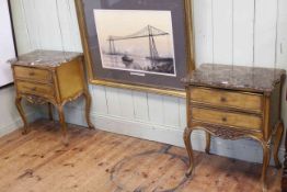 Pair gilt painted and marble topped two drawer pedestals, 73cm by 58cm by 40cm.