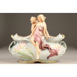 Art Nouveau Royal Dux porcelain centre piece, large oval bowl with applied flowers and maidens (