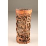 Chinese hand carved bamboo brush pot, figures, pagodas and pine trees, 27cm high.
