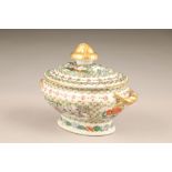 Chinese export saucier and cover, gilt finial and handles and decorated with figure panels,