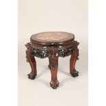 Chinese hardwood jardinière stand, lobed top, rouge marble insert, beaded edge, pierced and carved