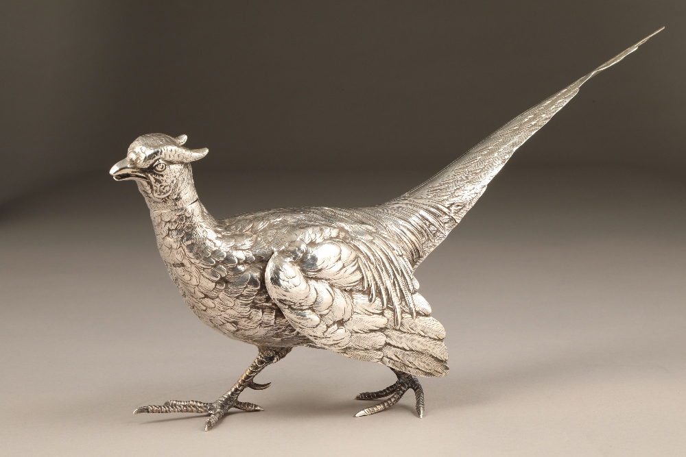 1920s silver pheasant table centre piece, assay marked Sheffield 1924, 40cm long, weight 843g.