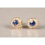 Pair of ladies diamond and sapphire stud earrings, central sapphire surrounded by nine small