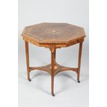 A Victorian inlaid rosewood octagonal window table, with under shelf, height 70cm, diameter 75cm.