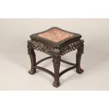 Chinese hardwood jardinière stand square top, rouge marble insert, pierced and carved foliage