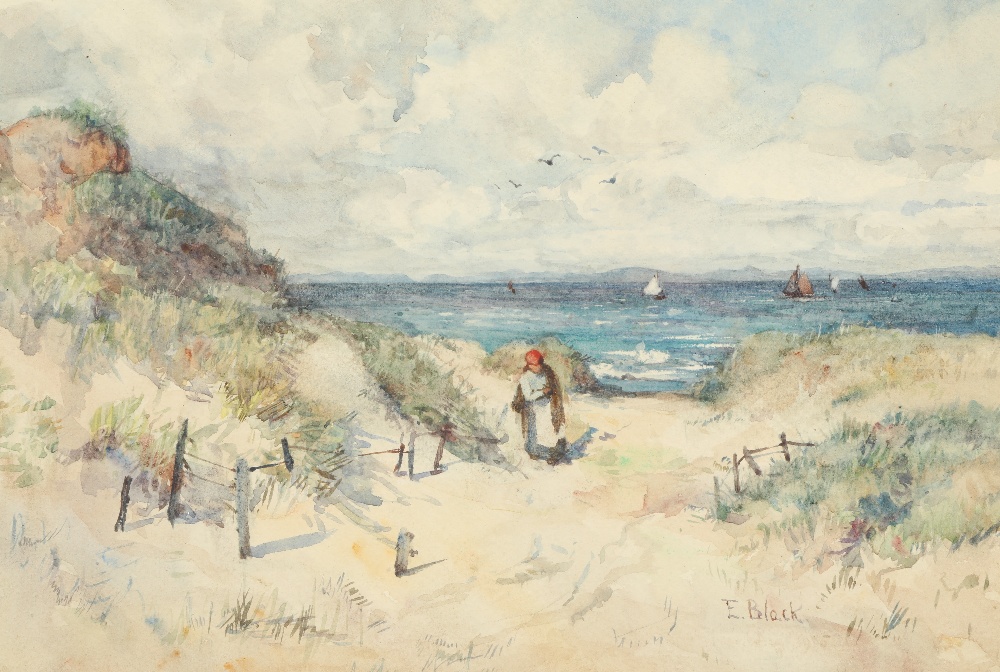 Edwin Black (19th century) Framed watercolour, signed 'Returning The Nets Through The Dunes' 22.