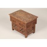 19th century Chinese carved hardwood travel box, hinged lid with carved dragon decoration with a
