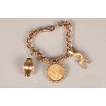 9 carat gold charm bracelet, 9 carat gold curb link chain, with 9 carat gold ewer charm, 9 carat