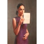 Harry Holland (British born 1941) ARR Framed oil on board Girl figure study 'The Letter' 48cm x