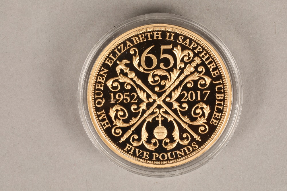 The Sapphire Jubilee gold proof five pound coin 2017 Guernsey, five pounds, 22 carat gold proof,